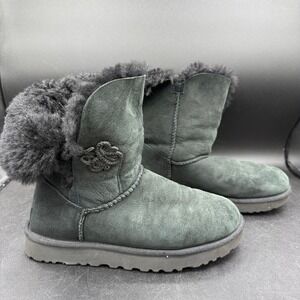 UGG Sheepskin Boots Black Short Mariko‎ Croshe Fur Trim  Women's Sz 7